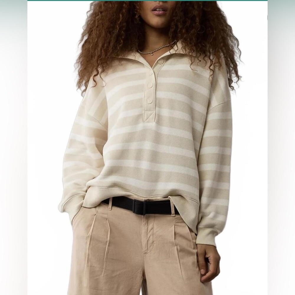 AE Big Hug Henley Sweatshirt American Eagle Beige Stripes NWT - Picture 3 of 6